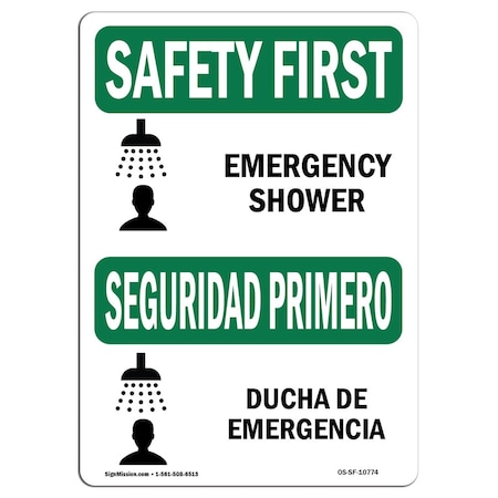 Signmission Safety Sign, OSHA SAFETY FIRST, 3.5" Height, Emergency Shower Bilingual, Landscape, 10PK OS-SF-D-35-L-10774-10PK